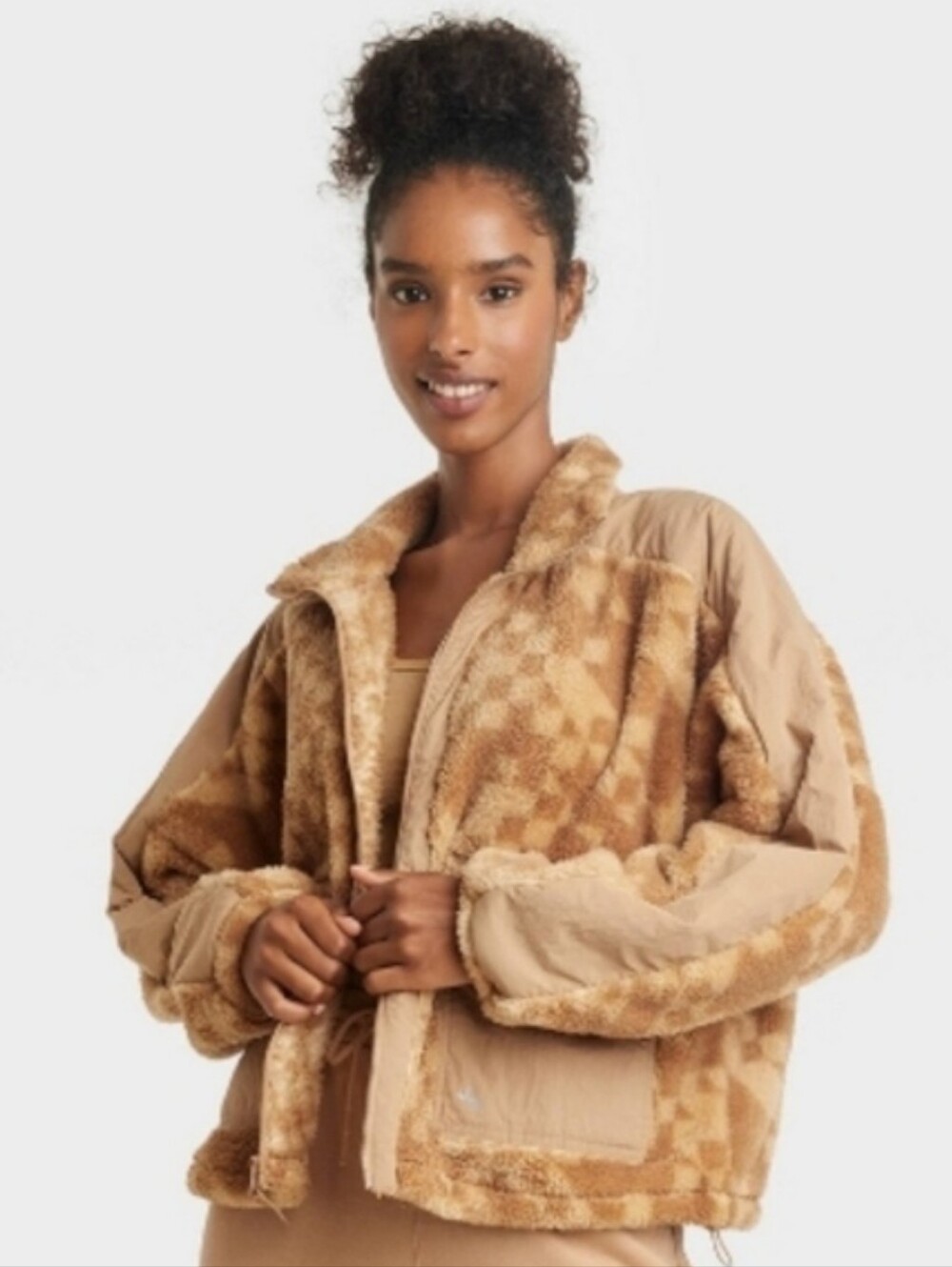 JoyLab Checker Sherpa Jacket in Tan